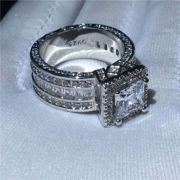 🎀 Three Layer Full Zircon Square Anillos Princess Cut Rings for Women, PD194 - Picture 7 of 9